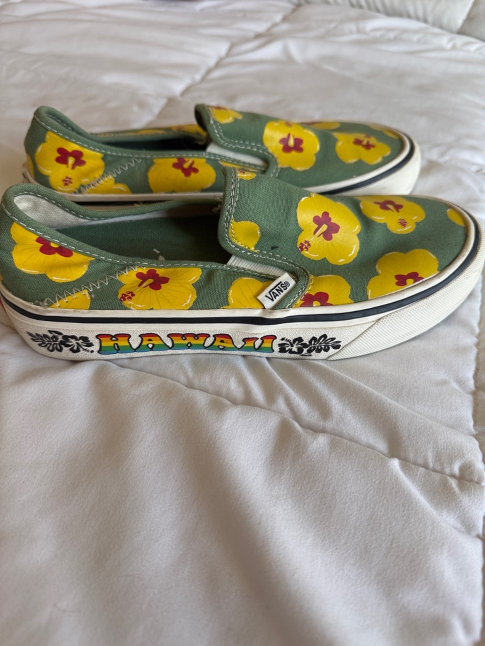 Vans Womans Green Slip-On Sneakers with Yellow Floral Print